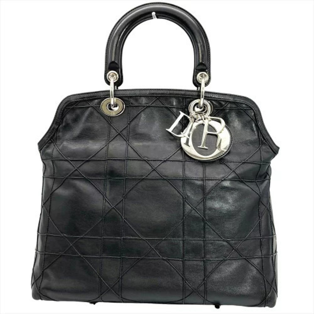 Christian Dior Lady Cannage Handbag Leather Black